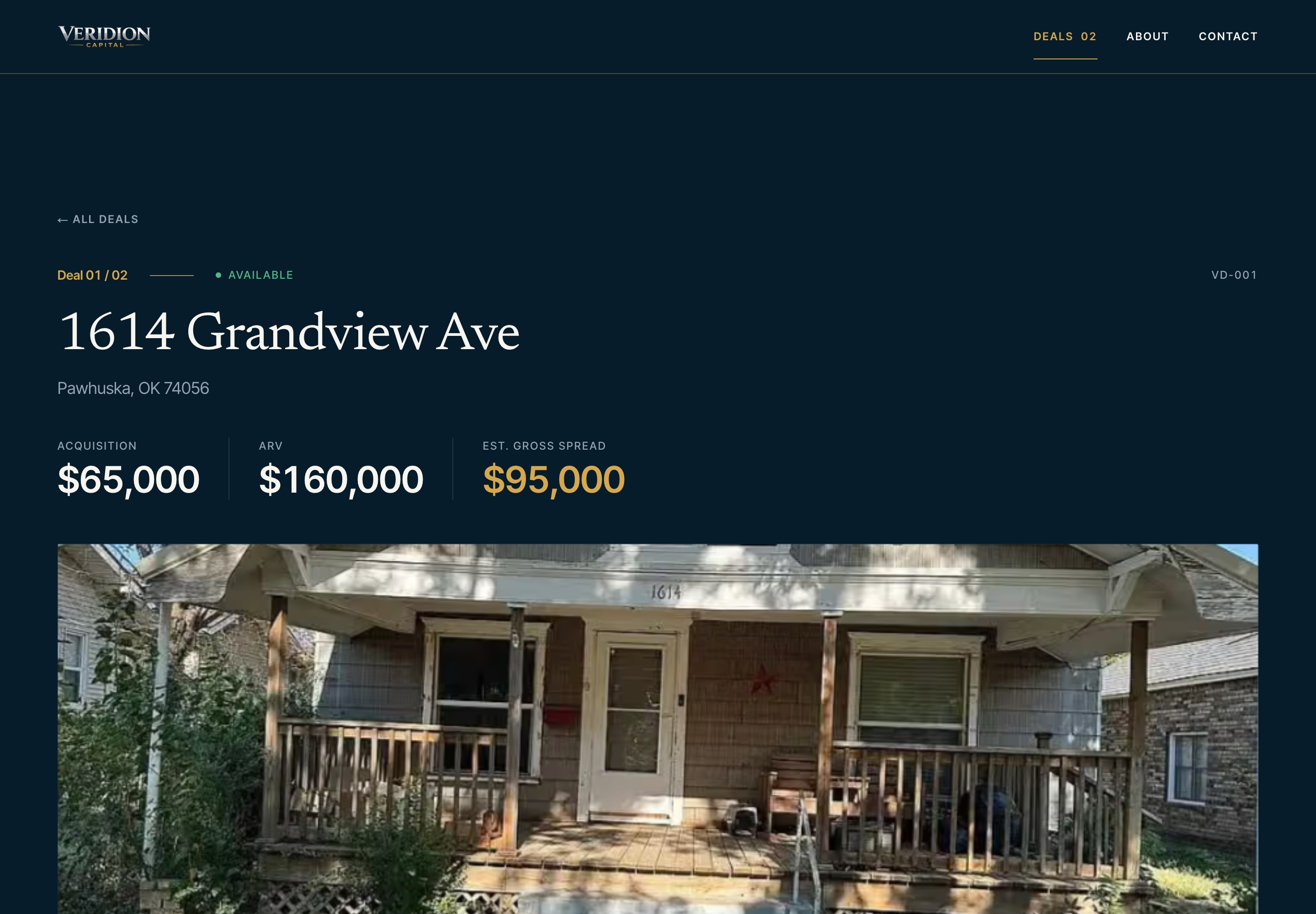 Veridion individual property detail page, with condition photography and acquisition figures